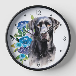Horloge Bouquet floral bleu Black Labrador Retriever Chien