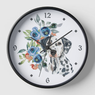 Horloge Bouquet floral bleu Chien dalmate