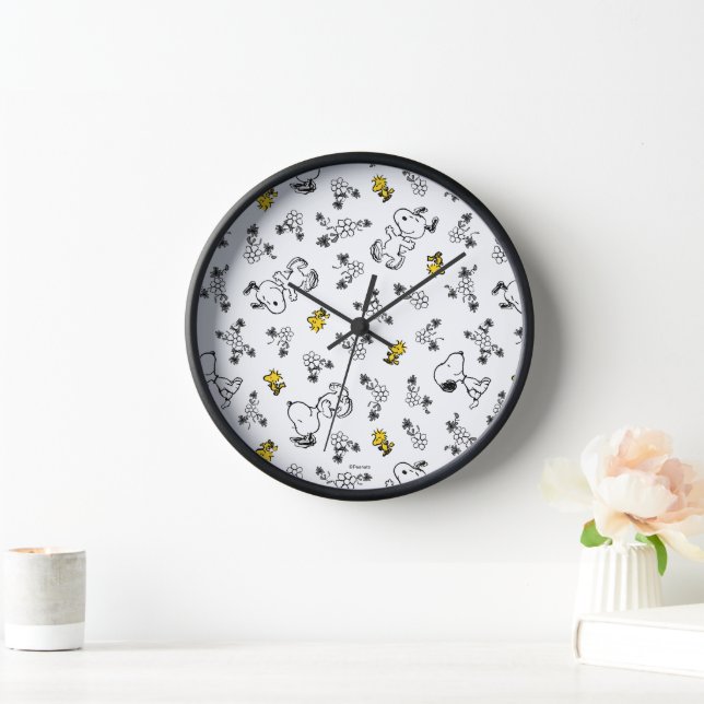 Horloge cacahuètes | Snoopy & Woodstock B&W Flower Motif (Maison)