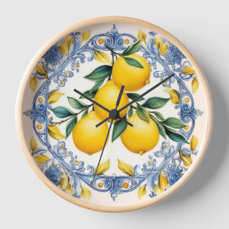 Horloge Cadran mural bleu et blanc aux motifs de citron de