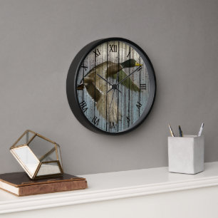 Horloge Canard Sauvage En Vol Sur Motif De Bois Patiné
