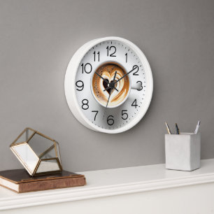 Horloge Cappuccino en forme de cœur dans une tasse blanche