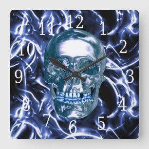 Horloge Carré de crâne bleu-électrique Chrome