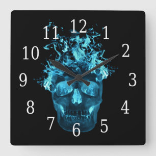 Horloge Carré du crâne bleu flamme