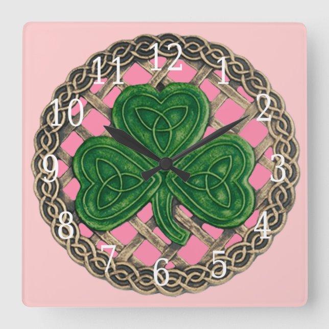 Horloge Carré Shamrock Rose Et Noeuds Celtiques (Recto)