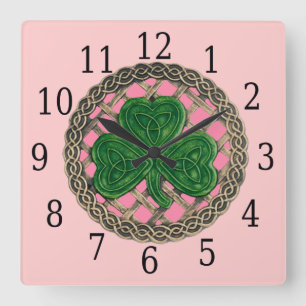 Horloge Carré Shamrock Rose Et Noeuds Celtiques