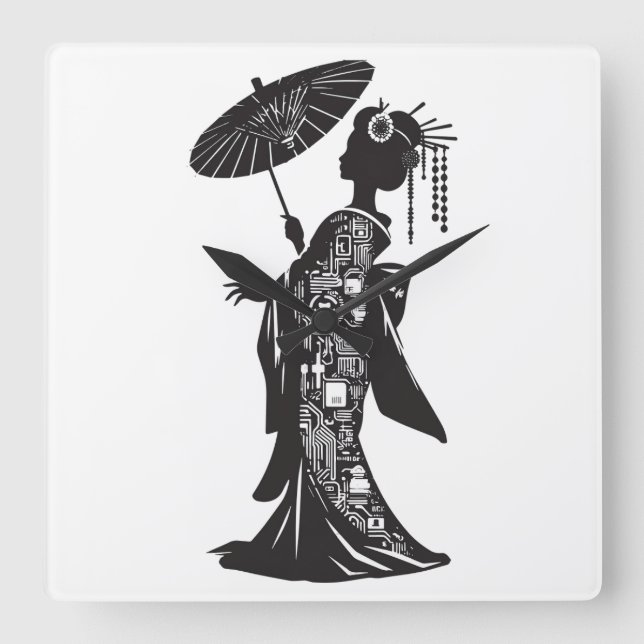 HORLOGE CARRÉE アクリル壁時計、芸者シルエット (Recto)