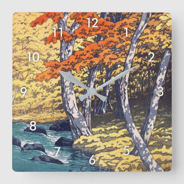 Horloge Carrée 奥入瀬の秋, automne chez Oirase, Hasui Kawase, gravure (Recto)
