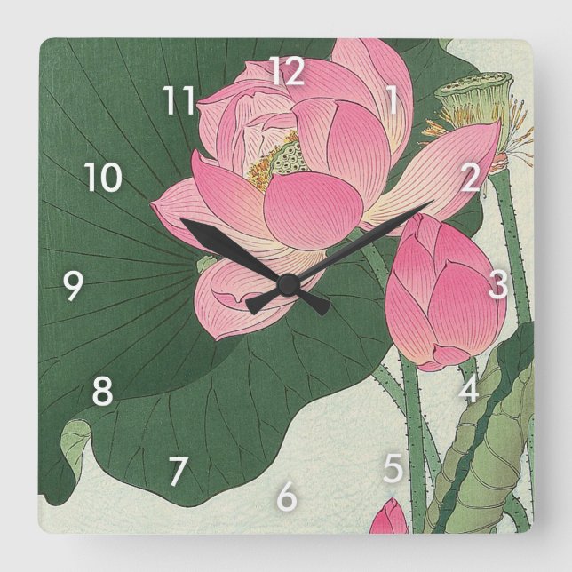Horloge Carrée 蓮の花, fleur de Lotus de 小原古邨, Ohara Koson, Ukiyo-e (Recto)