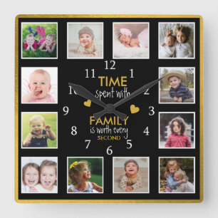 Horloge Carrée 12 Collage de photos avec citation de famille Gold