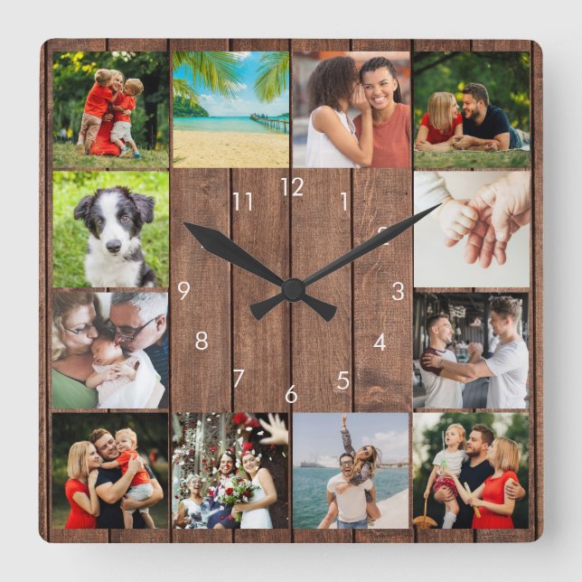 Horloge Carrée 12 Collage de photos en bois rustique (Recto)