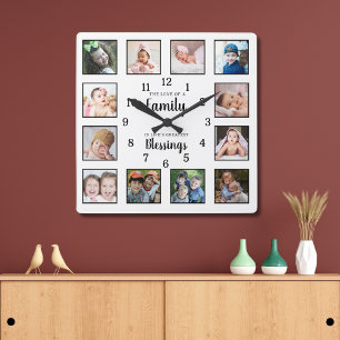 Horloge Carrée 12 Collage de photos Famille Amour Bénédictions Ci