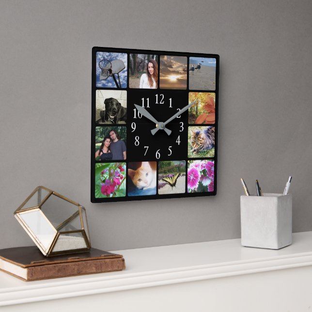 Horloge Carrée 12 Famille Multiphoto Collage Carré Noir moderne (Bureau)