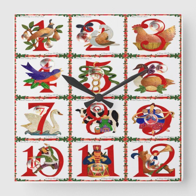 Horloge Carrée 12 Jours De Caillot De Noël Imprimer Cadeaux (Recto)
