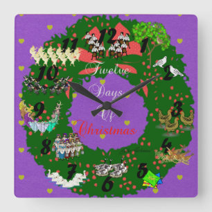 Horloge Carrée 12 Jours de Noël Thème de Noël