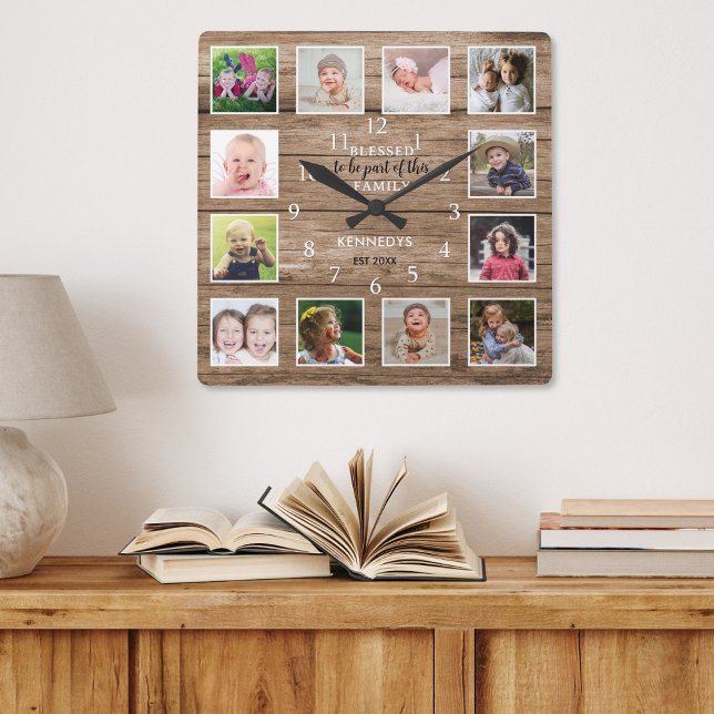 Horloge Carrée 12 Photo Collage Blessed Family Citation Bois rust (12 Photo Collage Blessed Family Quote Rustic Wood Square Wall Clock)