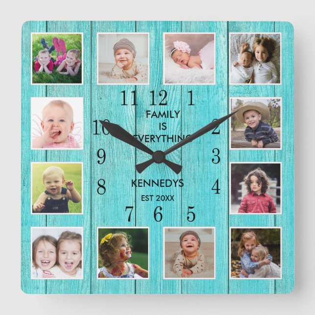 Horloge Carrée 12 Photo Collage Citation Blue Wood Beach House  (Recto)