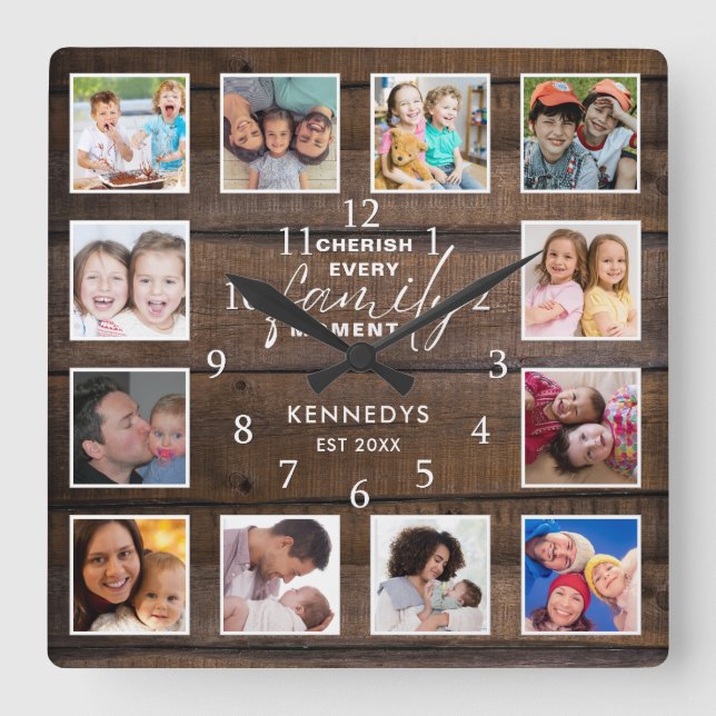 Horloge Carrée 12 Photo Collage Famille Citation Bois Brown foncé (Recto)