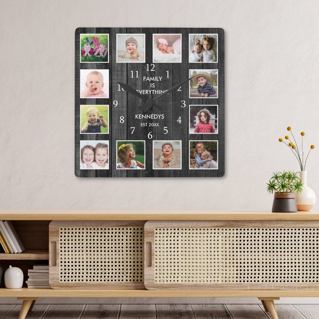 Horloge Carrée 12 Photo Collage Famille Citation Palette Bois Noi (12 Photo Collage Family Quote Pallet Wood Black Square Wall Clock)