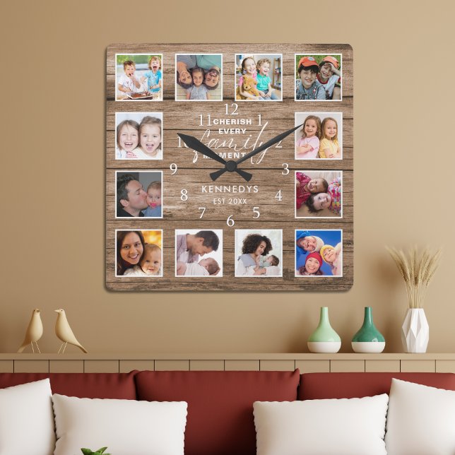Horloge Carrée 12 Photo Collage Famille Citation Récupérée Bois (12 Photo Collage Family Quote Reclaimed Wood Square Wall Clock)