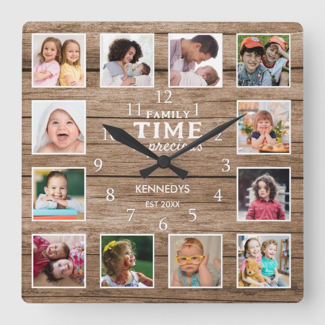 Horloge Carrée 12 Photo Collage Famille Temps Citation Récupéré B (Recto)