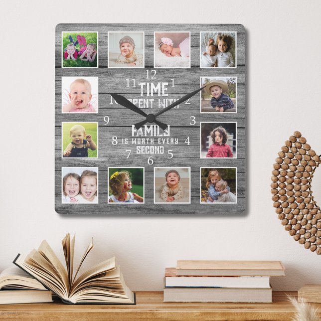 Horloge Carrée 12 Photo Collage Family Quote Farmhouse Gray Wood (Créateur téléchargé)