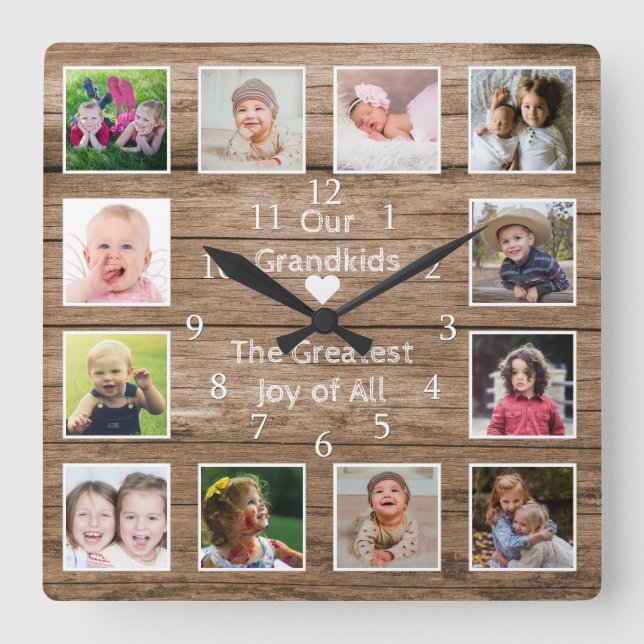 Horloge Carrée 12 Photo Collage Grandkids Quota Reclaimed Wood (Recto)