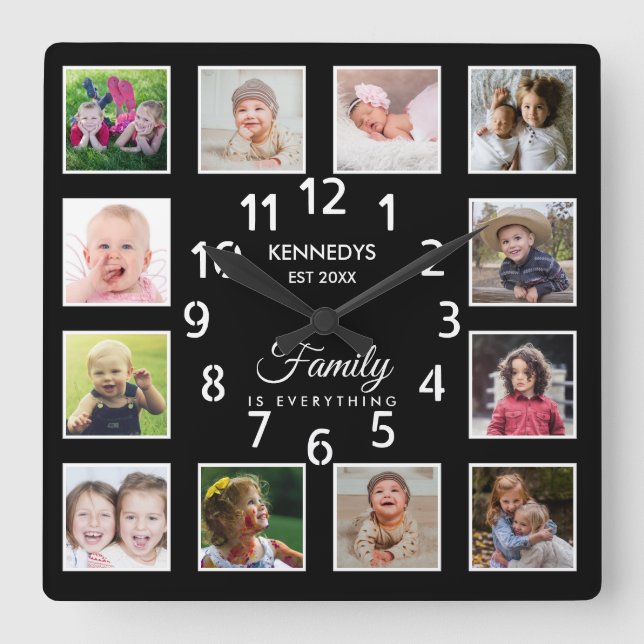 Horloge Carrée 12 Photo Collage Modèle Nom de famille Citation No (Recto)