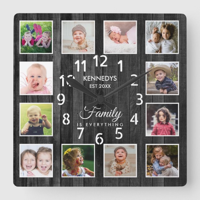 Horloge Carrée 12 Photo Collage Nom de famille Citation Bois noir (Recto)