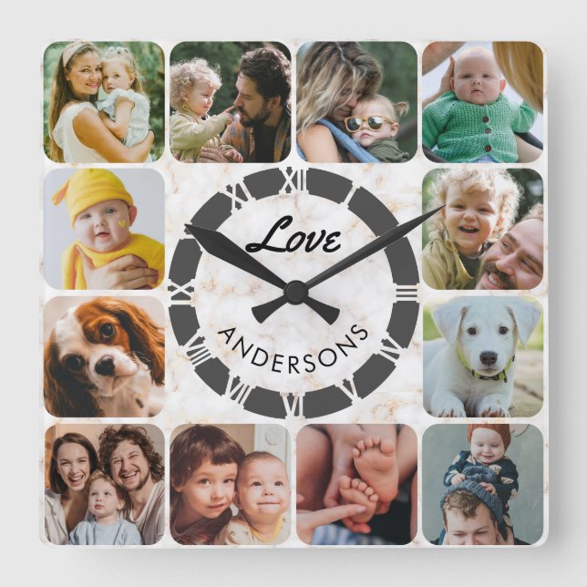 Horloge Carrée 12 Photo Collage Personnalisé Famille Amour Carré  (Recto)