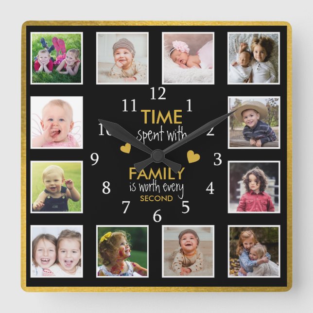 Horloge Carrée 12 Photo Collage Time With Family Quota Black Gold (Recto)