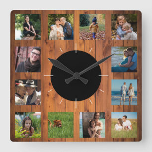 Horloge Carrée 12 Photo Instagram Family Collage Faux Cherry Wood