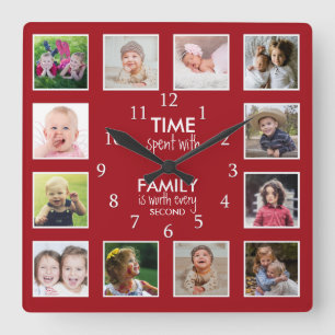Horloge Carrée 12 Photo Template Time With Family Quota Red