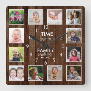 Horloge Carrée 12 Photo Temps Passé avec la Famille Citation Bois
