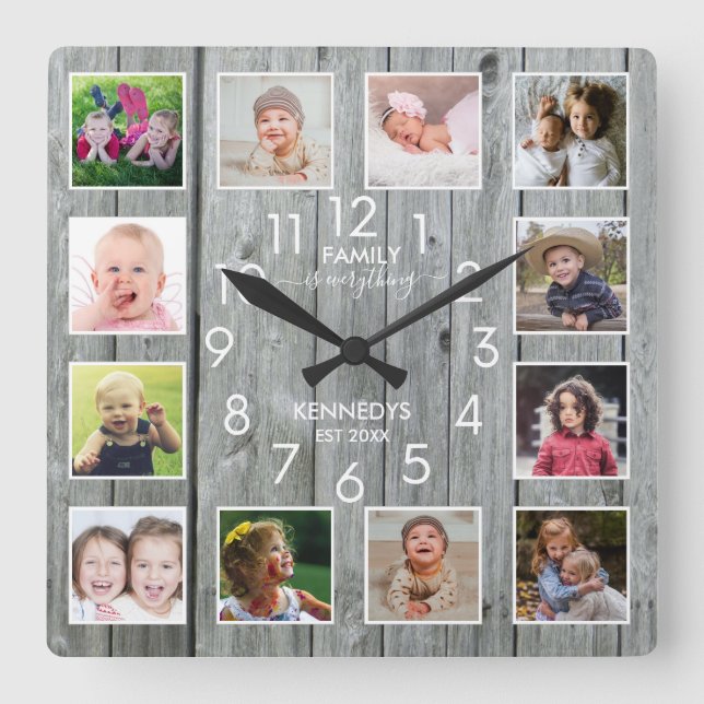 Horloge Carrée 12 photos personnalisées Citation Collage Gris Boi (Recto)