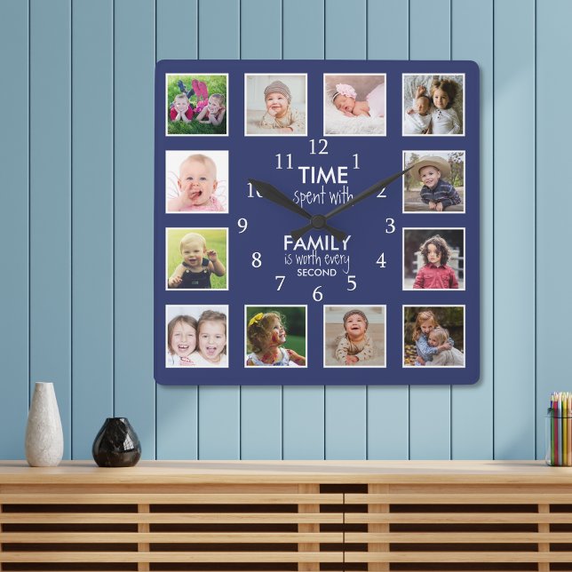 Horloge Carrée 12 Temps Modèle photo Avec Citation Familiale Bleu (12 Photo Template Time With Family Quote Blue Square Wall Clock)