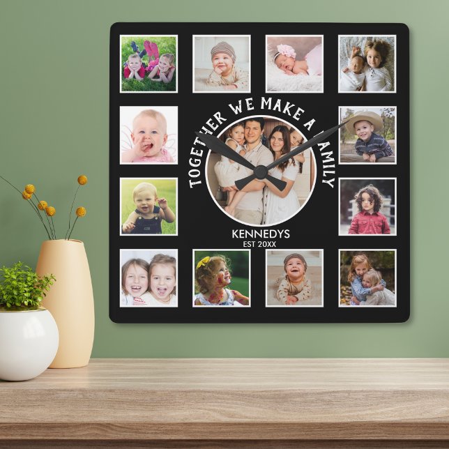 Horloge Carrée 13 Collage de photos Ensemble Famille Nom du devis (Créateur téléchargé)