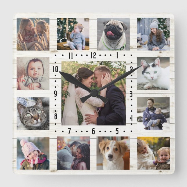 Horloge Carrée 13 Family Photo Collage Rustic Farmhouse Lt Wood (Recto)