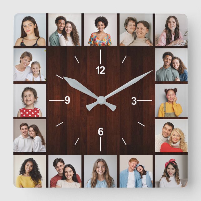 Horloge Carrée 16 Clôture en bois faux rouge Collage photo (Recto)