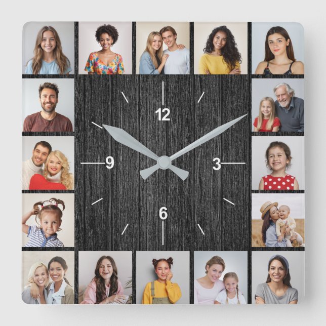 Horloge Carrée 16 Collage Photo Clôture en Bois Faux Noir Clair  (Recto)