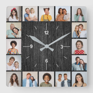 Horloge Carrée 16 Collage Photo Clôture en Bois Faux Noir Clair