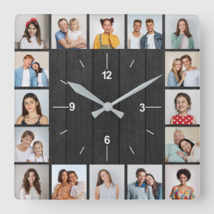 Horloge Carrée 16 Collage Photo Clôture en Bois Gris Foncé