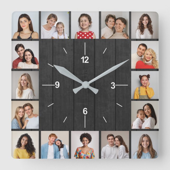 Horloge Carrée 16 Collage Photo Clôture en Bois Gris Foncé (Recto)