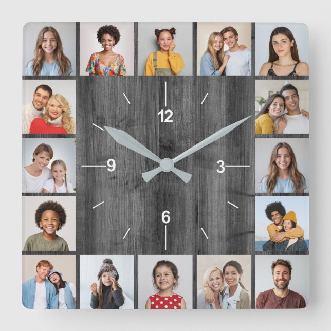 Horloge Carrée 16 Photo Collage Clair Gris Faux clôture en bois (Recto)