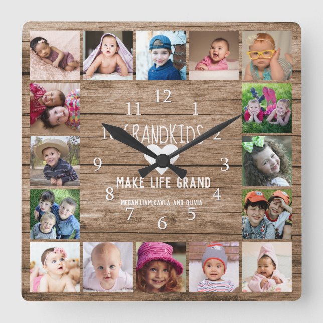 Horloge Carrée 16 Photo Collage Grandkids Make Life Grand Wood (Recto)