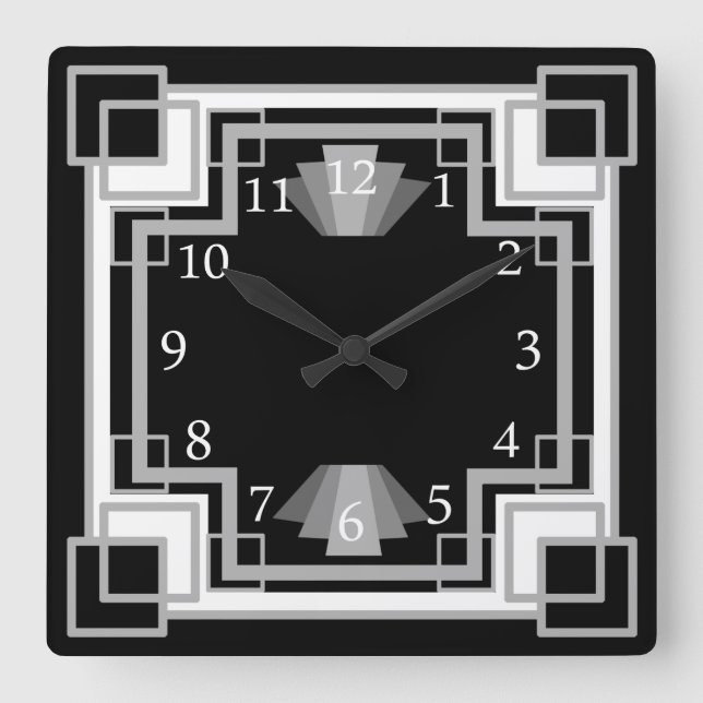 Horloge Carrée 1920 Art Déco Gris & Noir Motif géométrique (Recto)