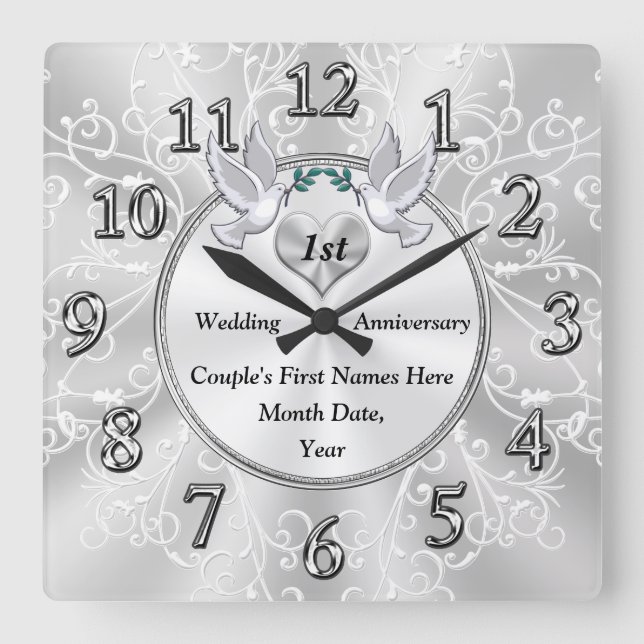 Horloge Carrée 1er anniversaire Mariage cadeau, personnalisé (Recto)