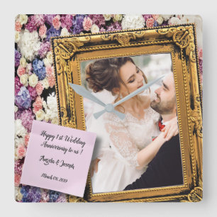 Horloge Carrée 1er Anniversaire Mariage Floral Vieux cadre en boi