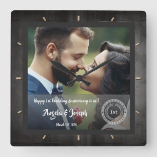 Horloge Carrée 1er anniversaire Mariage Photo Bois Texture Horlog