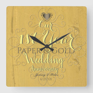 Horloge Carrée 1ère année Mariage Anniversaire Papier & Or